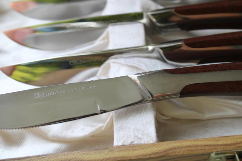 photo of Eldan Ebosi mid-century mod vintage steak knives, knife set in original box #3