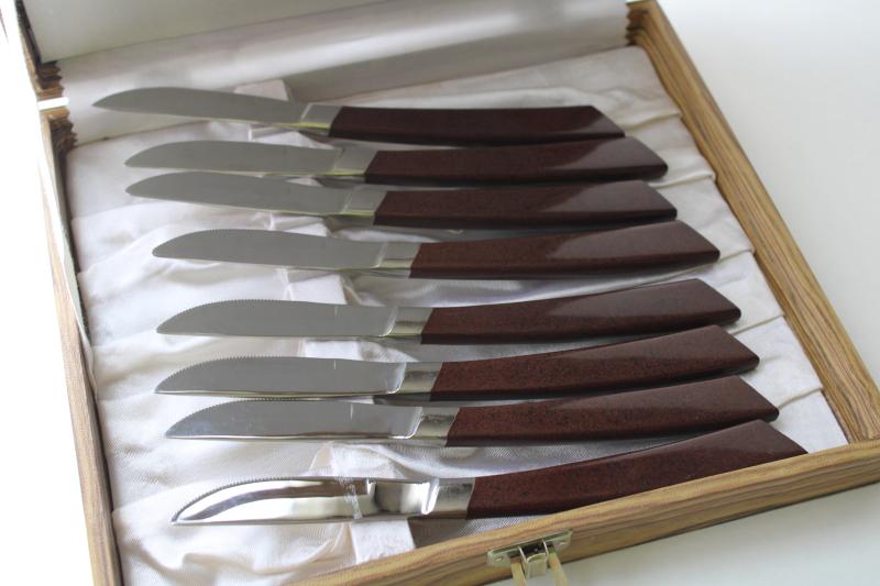 photo of Eldan Ebosi mid-century mod vintage steak knives, knife set in original box #4