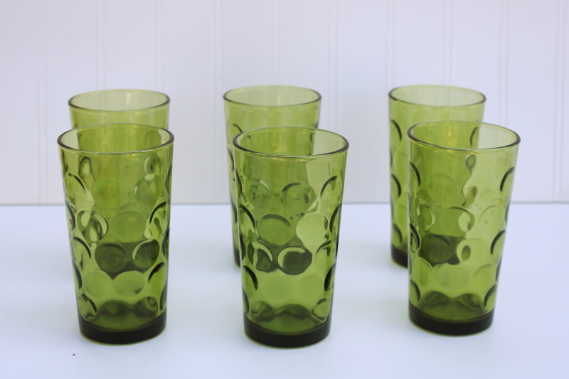 photo of Eldorado dots coin spot pattern drinking glasses, 60s 70s vintage avocado green glass tumblers #1