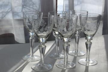 catalog photo of Electra Arcadia vintage crystal wine glasses, wheel cut etched fern & berry pattern