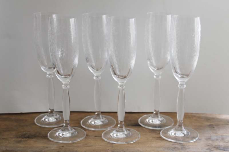 photo of Eliza etched glass champagne flutes, set of 6 glasses vintage Pier 1 crystal stemware #1