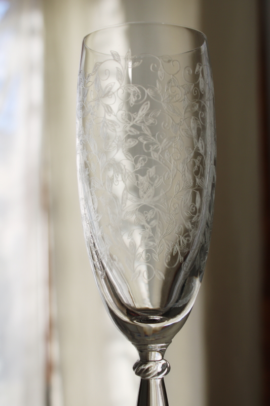 photo of Eliza etched glass champagne flutes, set of 6 glasses vintage Pier 1 crystal stemware #2