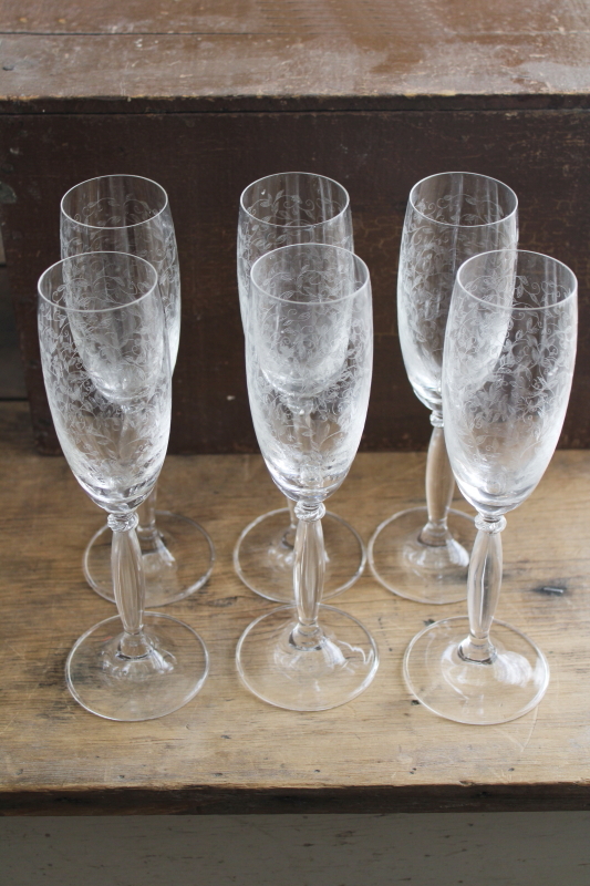 photo of Eliza etched glass champagne flutes, set of 6 glasses vintage Pier 1 crystal stemware #4