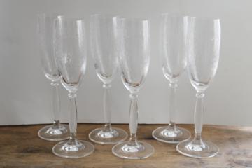 catalog photo of Eliza etched glass champagne flutes, set of 6 glasses vintage Pier 1 crystal stemware