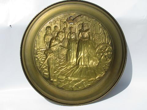 photo of Elizabeth I renaissance embossed vintage English brass charger tray #3