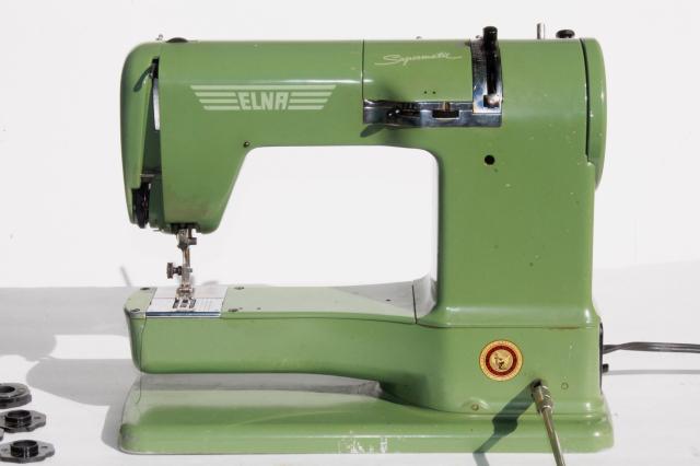 photo of Elna Supermatic sewing machine, industrial vintage grasshopper green w/case #12