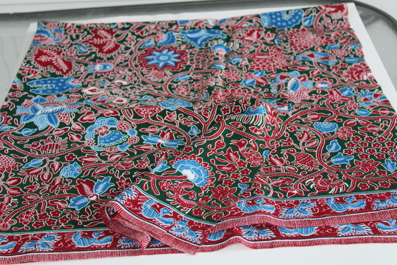 photo of Emchit Thai fabric, soft light cotton w/ double border print floral, blue, deep red & green #1
