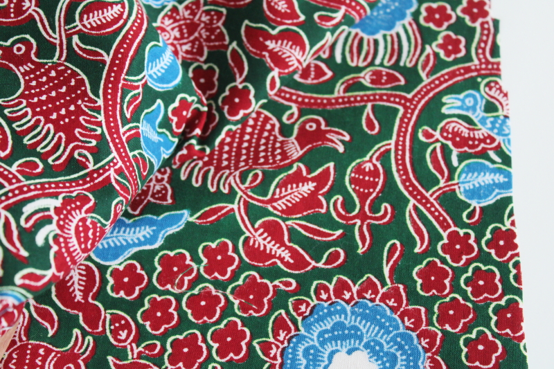 photo of Emchit Thai fabric, soft light cotton w/ double border print floral, blue, deep red & green #4