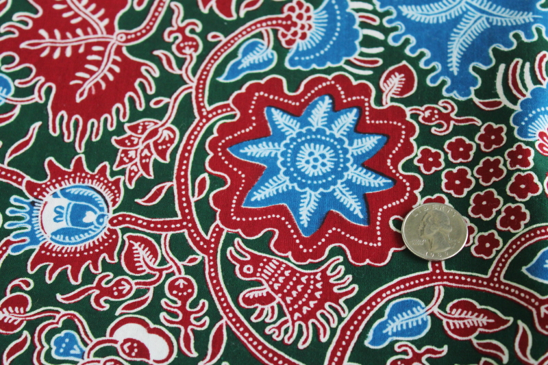 photo of Emchit Thai fabric, soft light cotton w/ double border print floral, blue, deep red & green #6