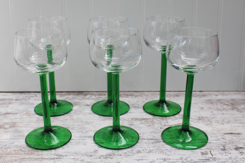 photo of Emerald green stem clear bowl Rhine wine glasses set vintage Cristal dArques France #1