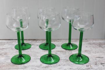 catalog photo of Emerald green stem clear bowl Rhine wine glasses set vintage Cristal dArques France