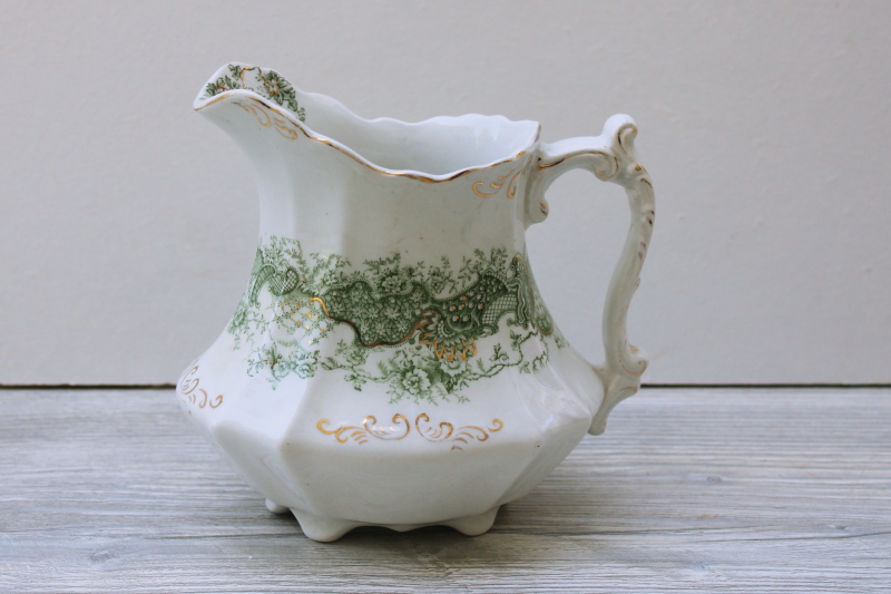 photo of Emerald green transferware antique Waterloo Potteries pitcher, Victorian vintage English ironstone china #1