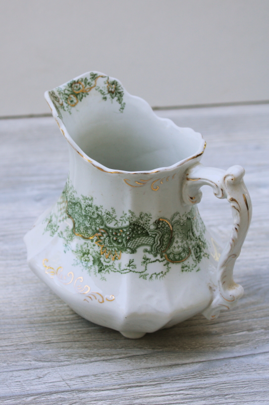 photo of Emerald green transferware antique Waterloo Potteries pitcher, Victorian vintage English ironstone china #6