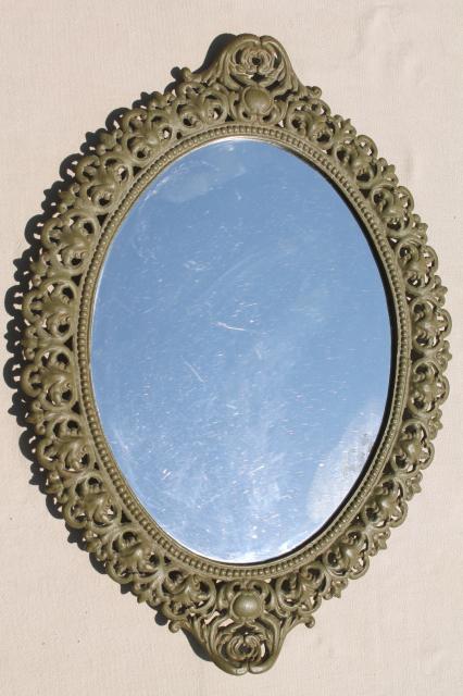 photo of Emig vintage cast iron mirror tray frame, ornate metal w/ old green paint patina #1