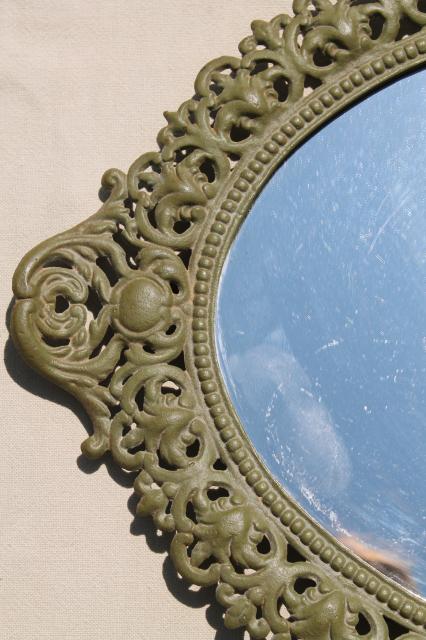 photo of Emig vintage cast iron mirror tray frame, ornate metal w/ old green paint patina #2