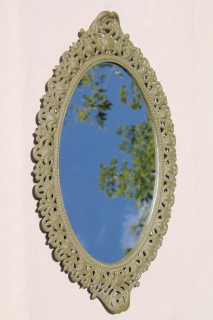 photo of Emig vintage cast iron mirror tray frame, ornate metal w/ old green paint patina #4