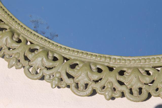 photo of Emig vintage cast iron mirror tray frame, ornate metal w/ old green paint patina #5