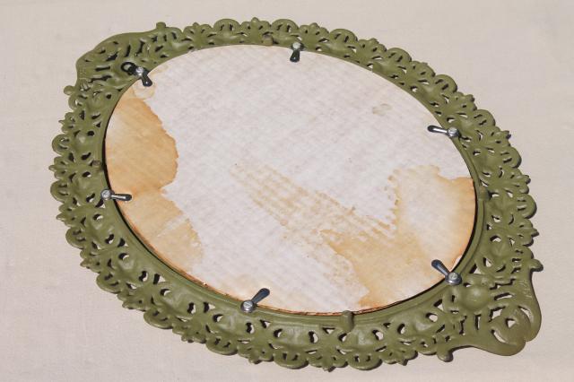 photo of Emig vintage cast iron mirror tray frame, ornate metal w/ old green paint patina #7