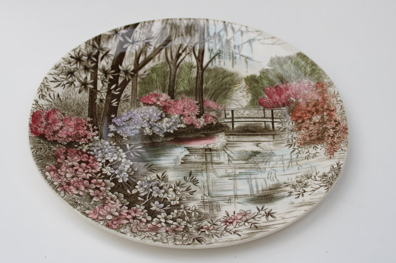 photo of English Gardens vintage Johnson Bros china oval dinner plate, flowers bridge Japanese garden  #1