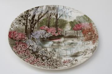 catalog photo of English Gardens vintage Johnson Bros china oval dinner plate, flowers bridge Japanese garden 