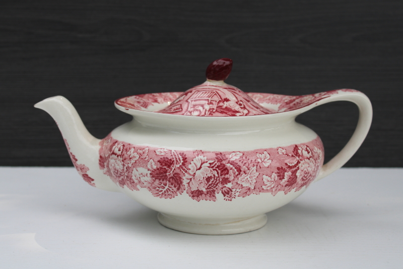 photo of English Scenery red transferware teapot and lid, shabby vintage Enoch Wood Sons china #1