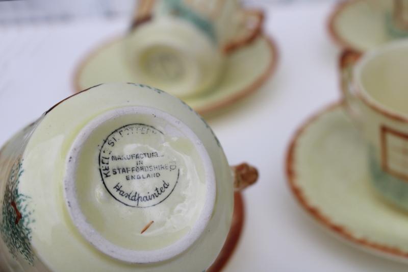 photo of English Staffordshire Tudor thatched cottage ware tea cups & saucers, vintage Keele St pottery #3