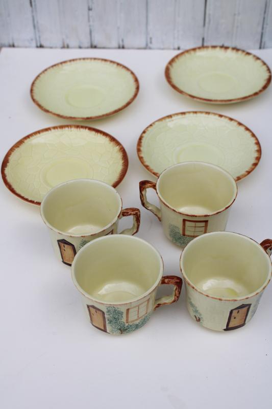 photo of English Staffordshire Tudor thatched cottage ware tea cups & saucers, vintage Keele St pottery #6