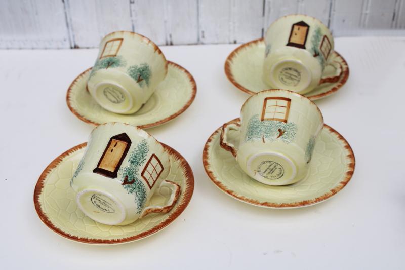 photo of English Staffordshire Tudor thatched cottage ware tea cups & saucers, vintage Keele St pottery #7