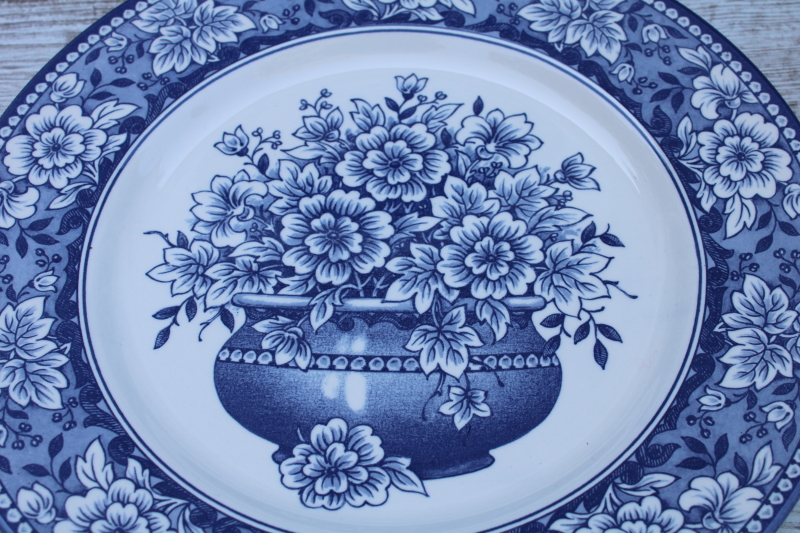 photo of English Toile blue & white china dinner plates set of 6 Royal Stafford flowers in planter pot pattern  #2