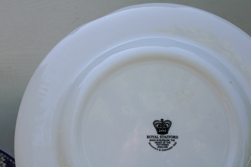 photo of English Toile blue & white china dinner plates set of 6 Royal Stafford flowers in planter pot pattern  #4