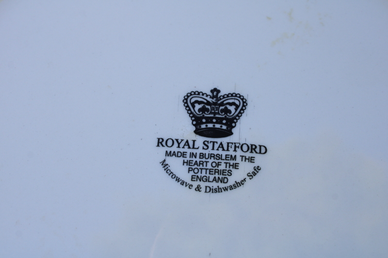photo of English Toile blue & white china dinner plates set of 6 Royal Stafford flowers in planter pot pattern  #5