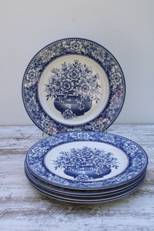 photo of English Toile blue & white china dinner plates set of 6 Royal Stafford flowers in planter pot pattern  #7