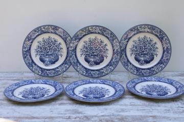 English Toile blue & white china dinner plates set of 6 Royal Stafford flowers in planter pot pattern 