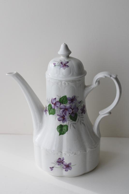 photo of English Violets vintage J&G Meakin England china coffee pot, purple violet floral #1