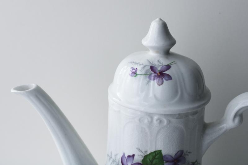 photo of English Violets vintage J&G Meakin England china coffee pot, purple violet floral #2