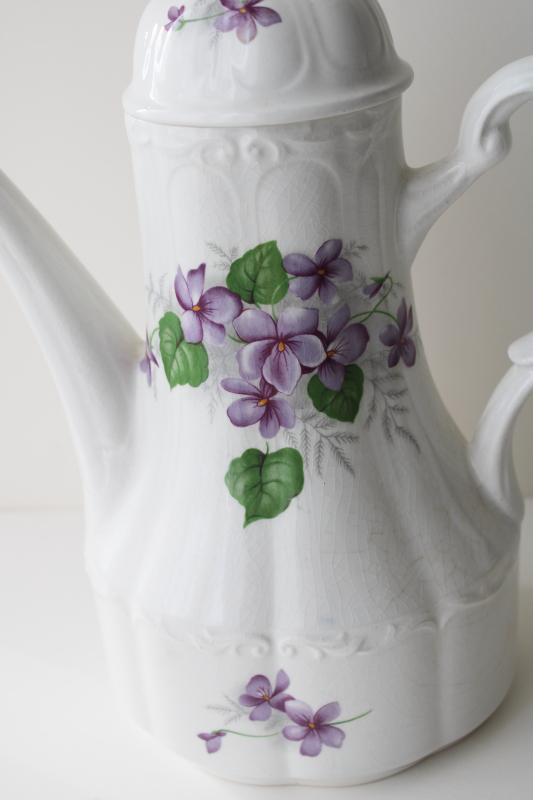 photo of English Violets vintage J&G Meakin England china coffee pot, purple violet floral #3