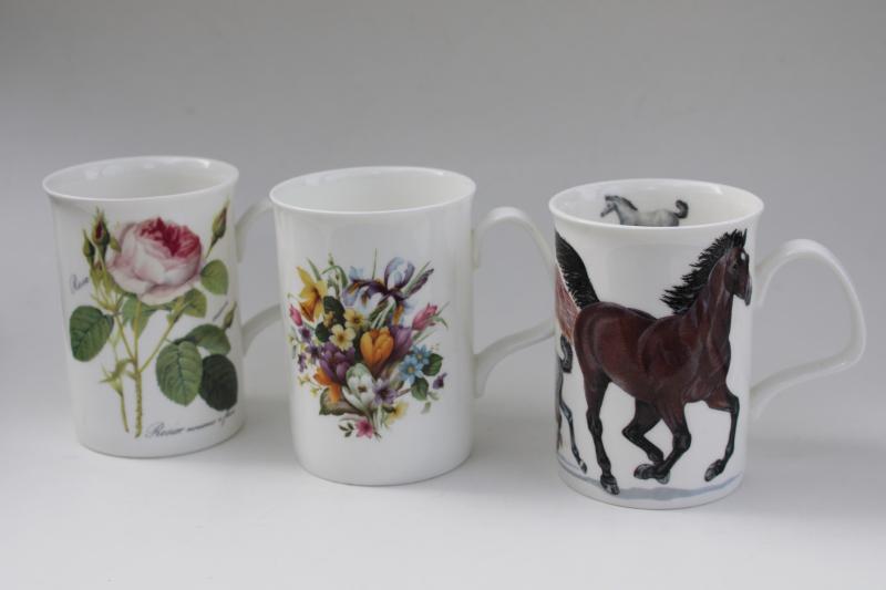 photo of English bone china tea mugs or coffee cups, vintage florals, horses print #1