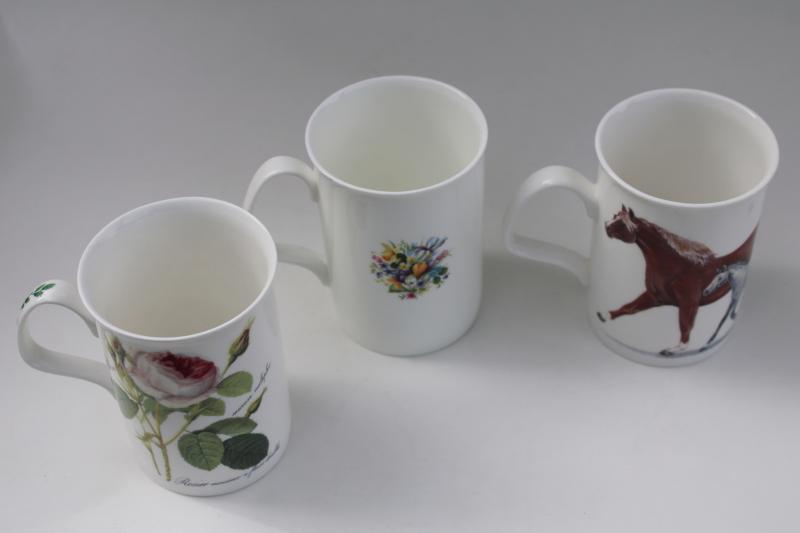 photo of English bone china tea mugs or coffee cups, vintage florals, horses print #3