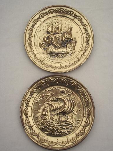 photo of English brass chargers, wall hanging plaques / plates w/ sailing ships #1