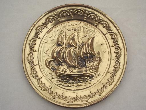 photo of English brass chargers, wall hanging plaques / plates w/ sailing ships #2