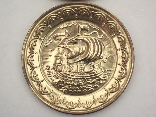 photo of English brass chargers, wall hanging plaques / plates w/ sailing ships #3