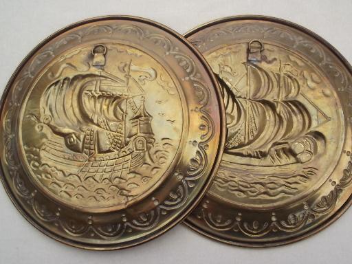 photo of English brass chargers, wall hanging plaques / plates w/ sailing ships #4