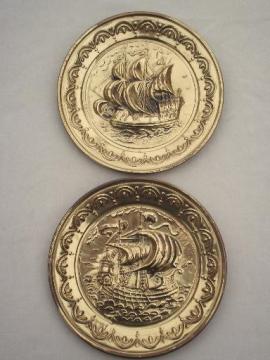 catalog photo of English brass chargers, wall hanging plaques / plates w/ sailing ships