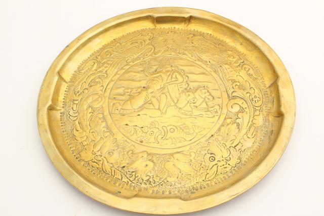 photo of English brass tray w/ Neptune king of the ocean, vintage wall hanging charger plate #1