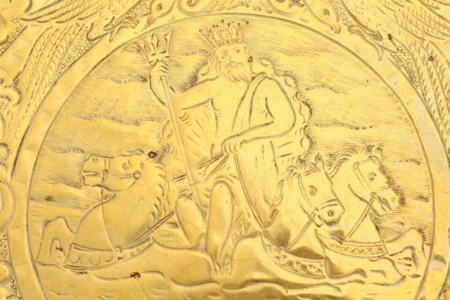 photo of English brass tray w/ Neptune king of the ocean, vintage wall hanging charger plate #2