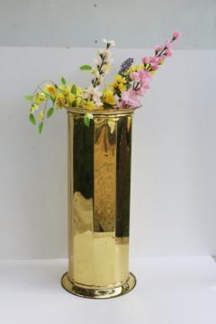 catalog photo of English brass umbrella stand, Arts & Crafts aesthetic vintage paneled floor vase bright polished brass 