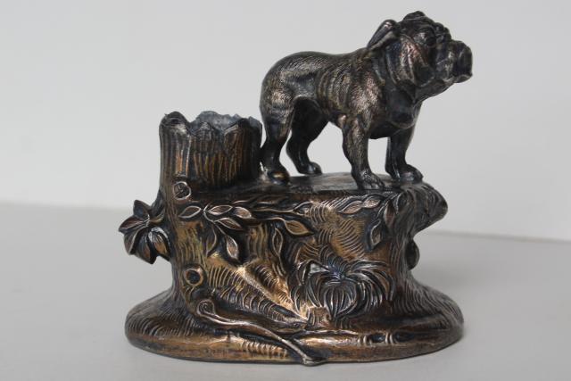 photo of English bulldog antique cast metal inkwell pen holder, spelter w/ bronze finish #5