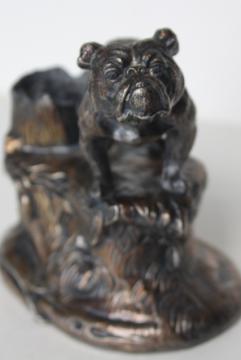 catalog photo of English bulldog antique cast metal inkwell pen holder, spelter w/ bronze finish