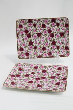 catalog photo of English chintz china trays or small plates w/ pink roses, vintage Polish pottery