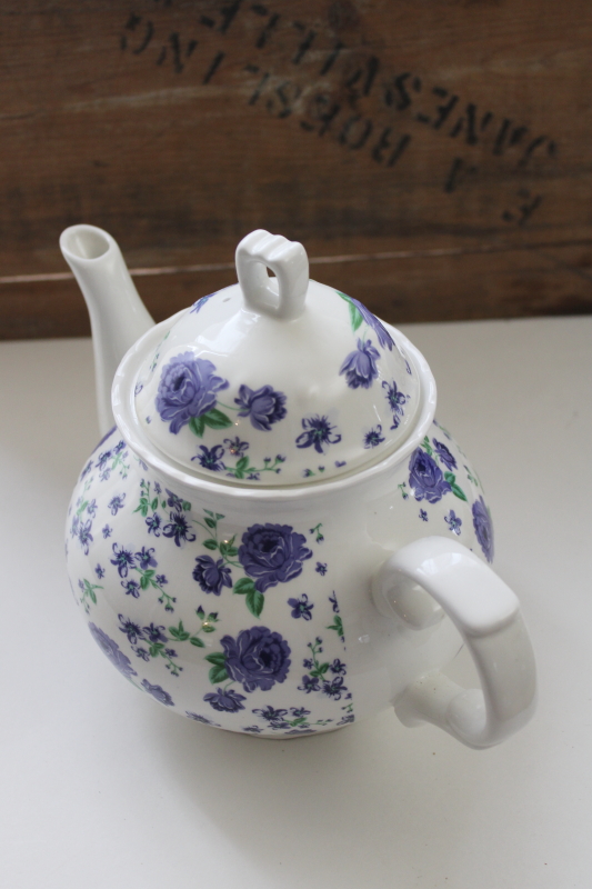 photo of English country style chintz floral print ceramic teapot, cozy cottagecore blue & white china  #7
